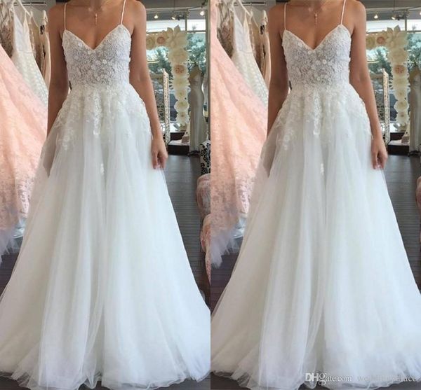 

elegant v-neck a-line wedding dresses spahetti strap floor-length zipper back tulle bridal wedding gowns vestido de novia bride dresses, White