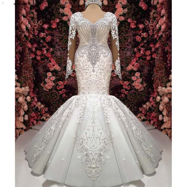 

pure white великолепные длинные рукава русалка свадебные платья v-образным вырезом кружевные аппликации стразы арабские свадебные платья из