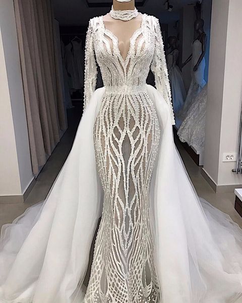 

luxury sheer lace beaded mermaid wedding dresses with detachable train vintage sheath long sleeves saudi dubai long plus size bridal gown, White