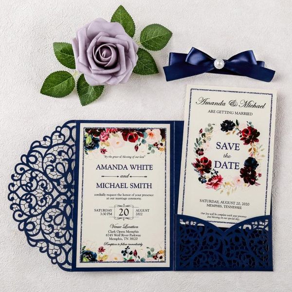 

100pcs blue color glitter laser cut hollow wedding invitation pocket for wedding and quinceanera with ribbon