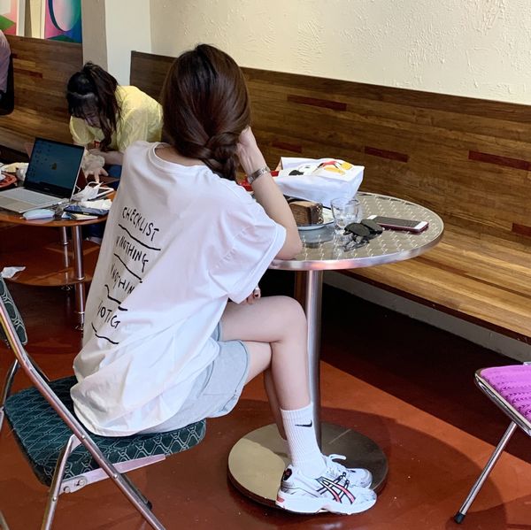 

nantao back letter coat t-shirt printing medium and long short-sleeved t-shirt women's 2020 loose top, White