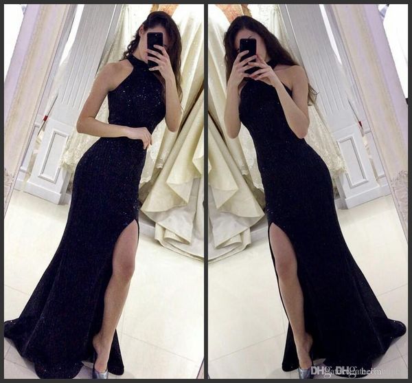 

high neck black sequined mermaid prom dresses 2019 front split african dresses cocktailkleid elegant evening formal dresses