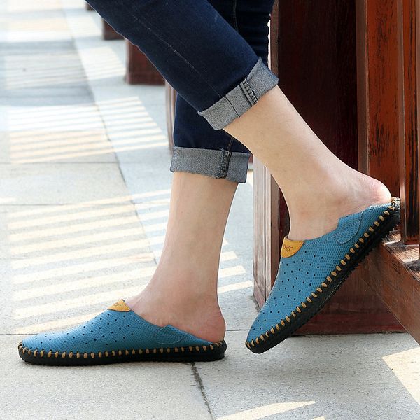 

men sandals split leather summer beach fashion casual shoes wear easy hollow out male footwear flip flops ale men sandals, Black