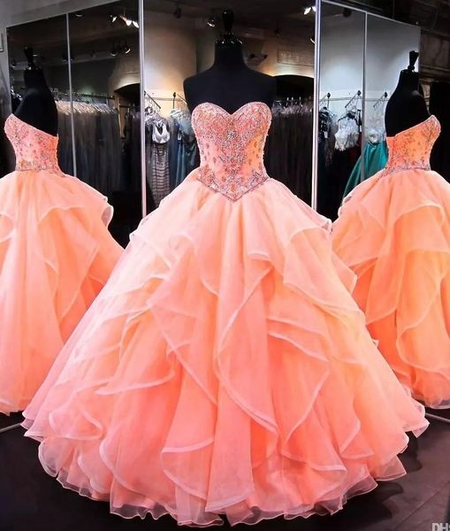 

coral quinceanera dresses sweetheart masquerade ball gowns crystal beaded corset organza ruffles floor length long sweet 16 prom gowns, Blue;red