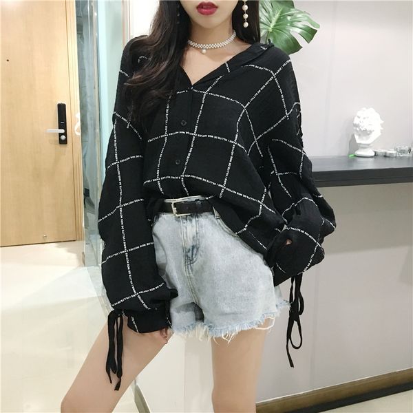 

summer women new plaid loose blouse fashion lady off shoulder lace up shirts female elegant blouses long sleeve chic blusas, White