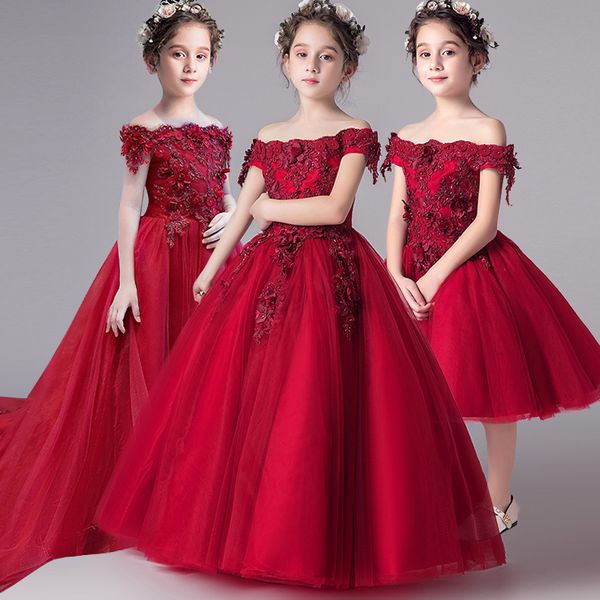 

romantic flower girl wedding bridesmaid dress 2019 new bead decoration long lace dress flower girl party, Red;yellow