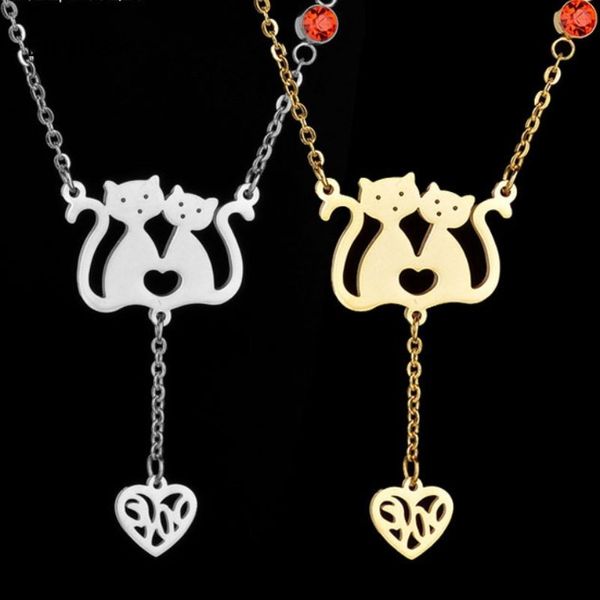 

eleple 2 sweet cute little cats red zircon stainless steel necklaces women fashion small hollow love necklace jewelry s-n001, Silver
