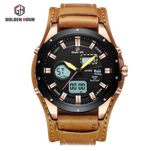 

relogio hombre goldenhour business leather men watch automatic sport digital army military man wrist watch 2019relogio masculino, Slivery;brown