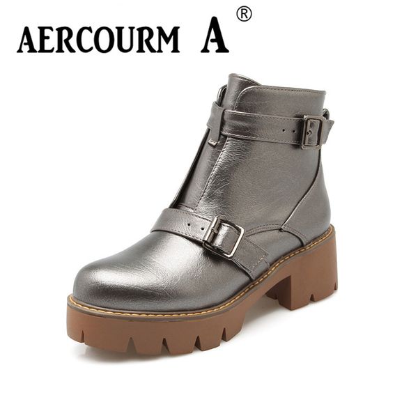 

2018 grils autumn boots women ankle waterproof platform boots handmade winter zipper brown black silver shoes round toe