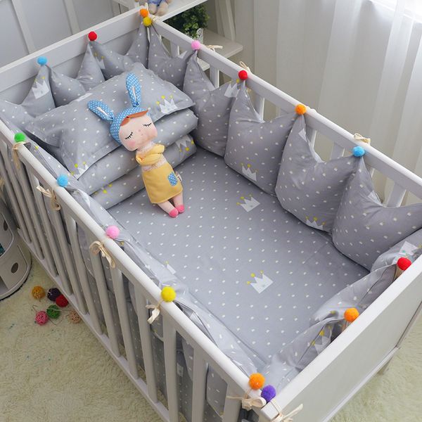 

5 pcs/set crib linens grey crown pattern cotton baby bedding set include crown shape cot bumpers bed sheet multi color and sizes