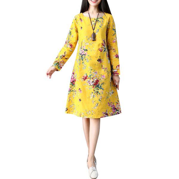 

women vintage loose dress floral print long sleeve cotton linen dress autumn oversized robe femme elegant ladies midi dresses, Black;gray