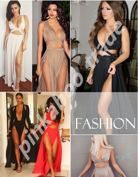 

new women summer beach clothes fashion v-neck sleeveless vent long dress ladies party club solid color casual one piece dresses ly324, Black;gray
