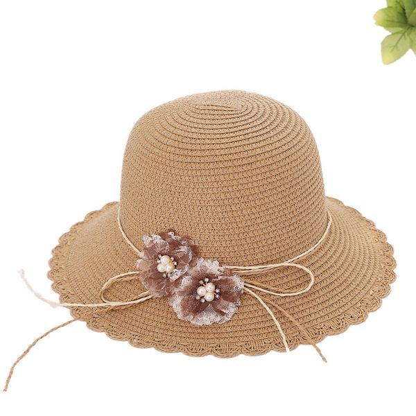 

summer hats women's straw hat mesh flower pearl flower hat sunscreen sun bow beach hats boho trips holiday, Blue;gray