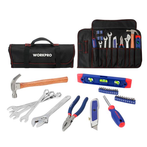 

workpro 29pc home tool set metric hand tools plier knife screwdriver wrench hammer metric tools roll bag