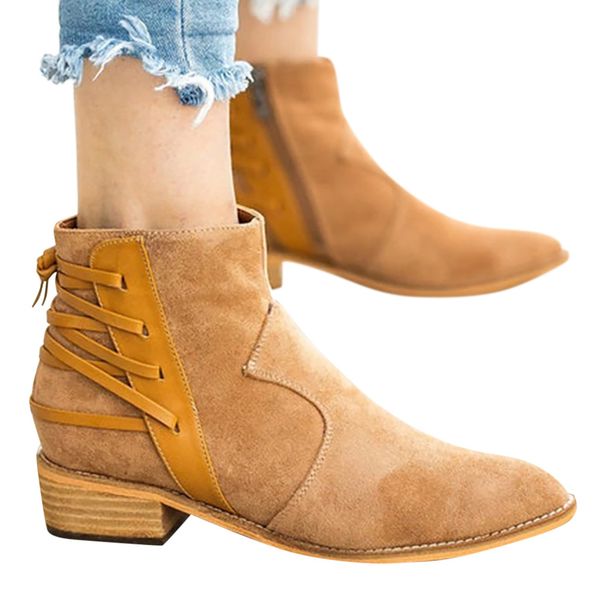 

women ankle boots square heels zipper short boot female round toe platform shoes flock solid booties plus size 35-43 2019 new, Black