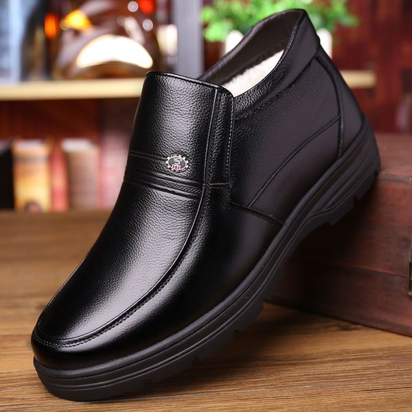 

winter warm men ankle boots british male dress shoes genuine leather footwear with fur soft high for fathers 2020, Black