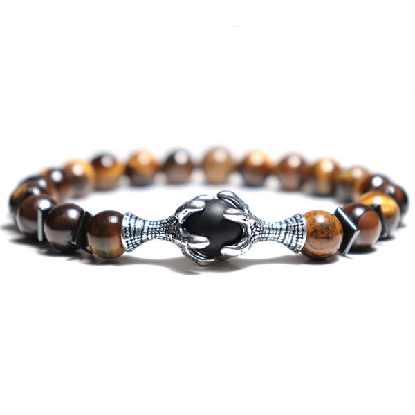 

2020 new design mens stone bracelet antique crown dragon claw animal braslet male real natural tiger eye beads braclet pulseira, Golden;silver