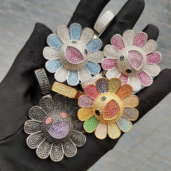 

hip hop full cubic zirconia bling rotatable sunflower pendant necklace men women child gift with silver gold twist chain