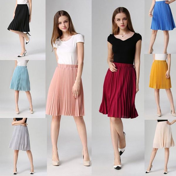 

women chiffon summer casual evening party prom vintage high waist pleated skirt, Black