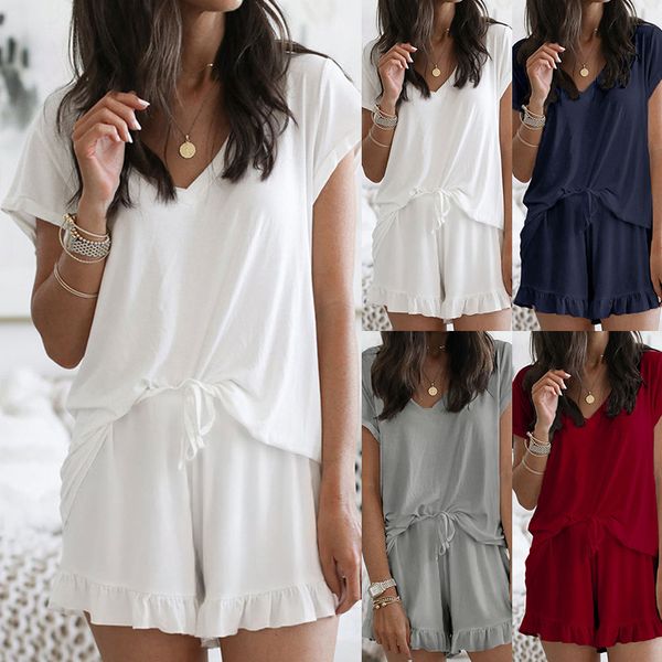 

summer 2020 women pajama set solid color loose short sleeve v neck and ruffle shorts casual sleepwear home clothes md0155, Blue;gray