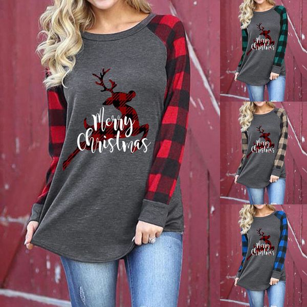 

women merry christmas tree car plaid tee raglan casual long sleeve t-shirt, Black;blue