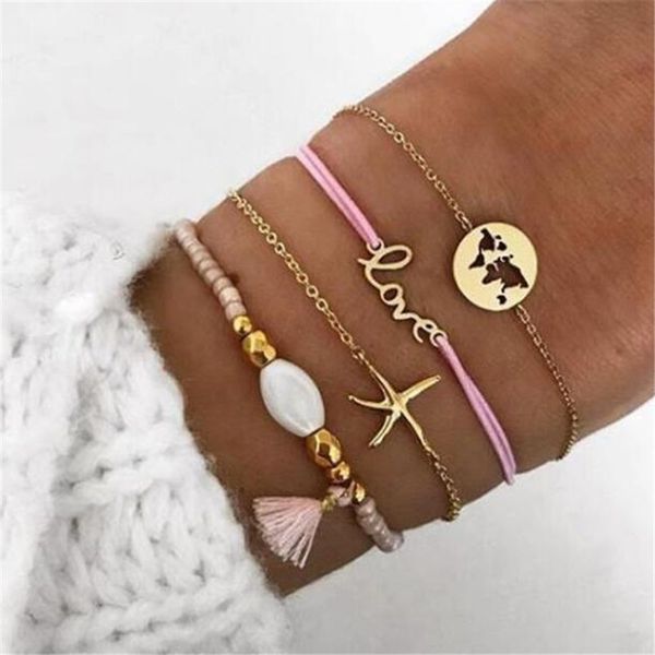 

tocona boho star letter map bracelet set for women pink rope tassel beaded layered bracelets set 4038, Black