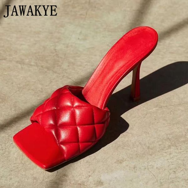

new square toe high heel slippers women rhombus genuine leather runway shoes woman purple coffee red lady mules party shoes, Black