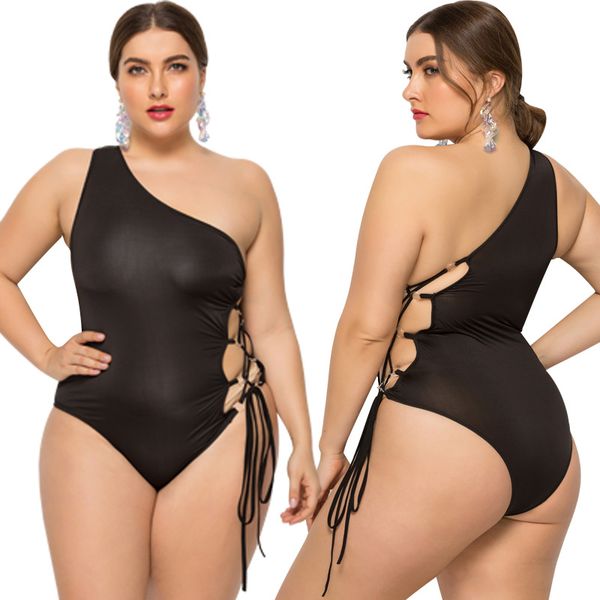 

new foreign trade oblique shoulder plus fat increase swimwear one-piece bikini swimsuit female large size swimsuit 2xl-5xl, White;black