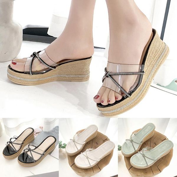 

crystal wedge platform fashion sandals slippers fashion casual thick bottom open toe round toe women's shoes slides size 5w4, Black