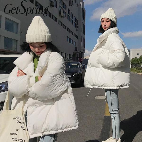 

getspring women parka winter outwear jacket coat long sleeve thickened winter jacket loose short overcoat 2019 white blue, Black