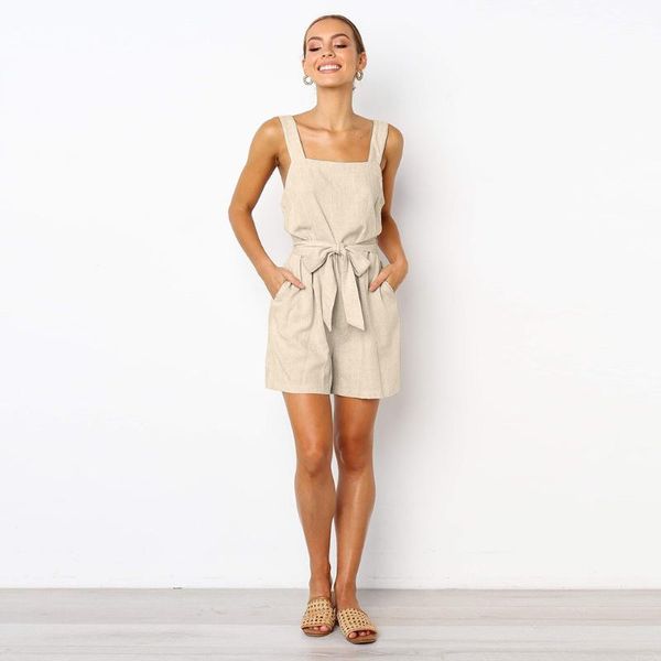 

jumpsuit women summer 2020 korean version casual linen sashes butterfly-knot simplicity sleeveless rompers jumpsuit playsuit#g1, Black;white