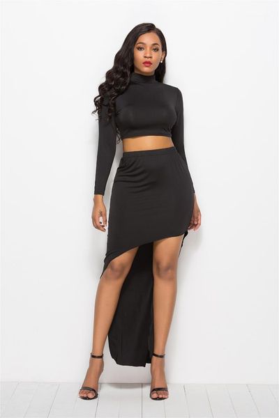 

black long sleeve high collar elastic waist asymmetrical dress new arrival women two piece dress plus size womens two piece sets, White