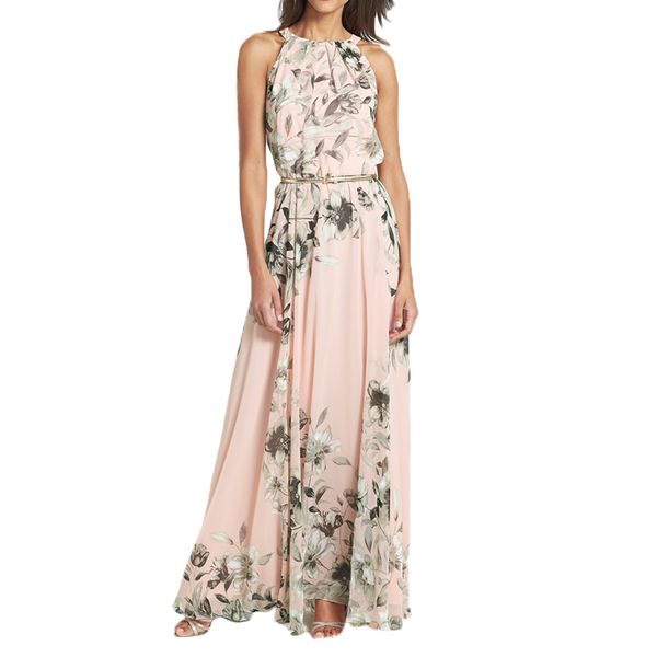 

woman clothing designer dresses 2019 women chiffon print round neck sleeveless party dresses boho maxi dress beach sundress, Black;gray
