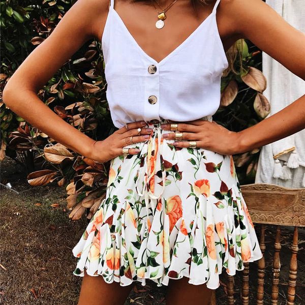 

drawstring pleated ruffled women mini skirts summer casual floral print female short skirt fashion white school lady bottoms, Black