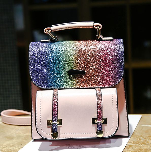 

дизайнер женщина рюкзак блестка мода рюкзак для женщин леди плеча сумки сумки радуга блестки украшение сумка малых дорожных сумок