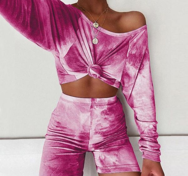 

brand new women tie-dye 2pcs sets loose long sleeve crop and high waist skinny shorts set casual gym sports outfit homewear, White