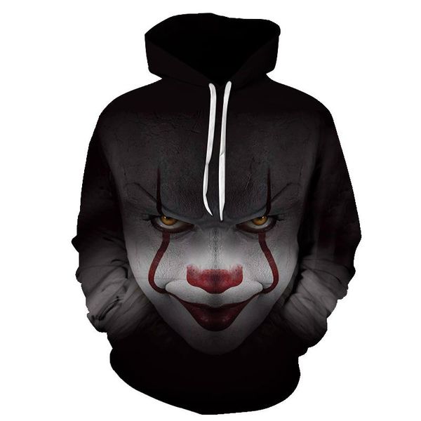 

2018 мода новый фильм ужасов клоун hoodie 3d череп толстовка plus спортивная одежда спортивный костюм мужчины женщины unisex пуловер размер, Black