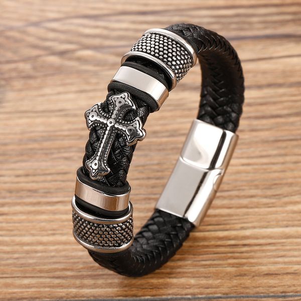 

stainless steel cross bangles with charms chakra men black /brwon leather bracelet male braided multilayer fashion wholesale, Golden;silver
