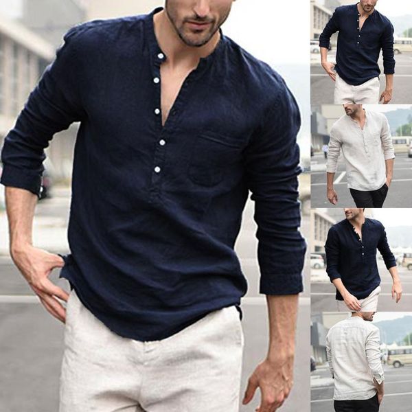 

2020 summer men vintage shirts pure color button linen solid long sleeve retro shirts blouse loose shirt camisas masculina, White;black