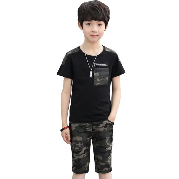 

5 7 9 11 13 16t cotton kids boys clothes children clothing sets summer big boy clothes camouflage children's sets t-shirt pants, White