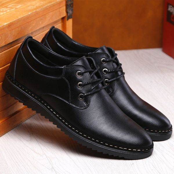 

2019 new men casual genuine leather shoes fashion breathable men's formal shoes lace-up flat for men zapatos de hombre, Black