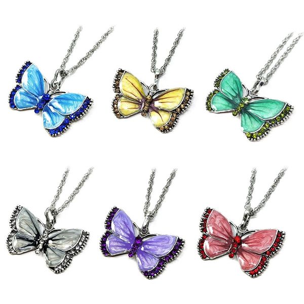 

european and american retro painted crystal butterfly necklace alloy fashion long sweater chain necklaces for women, Silver
