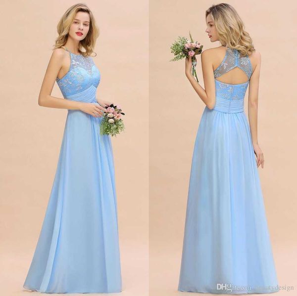 

2020 modest sky голубой холтер линия bridesmaids' платья с sash кружева аппликация венчания пляжа для гостей халатов открытой спиной, White;pink