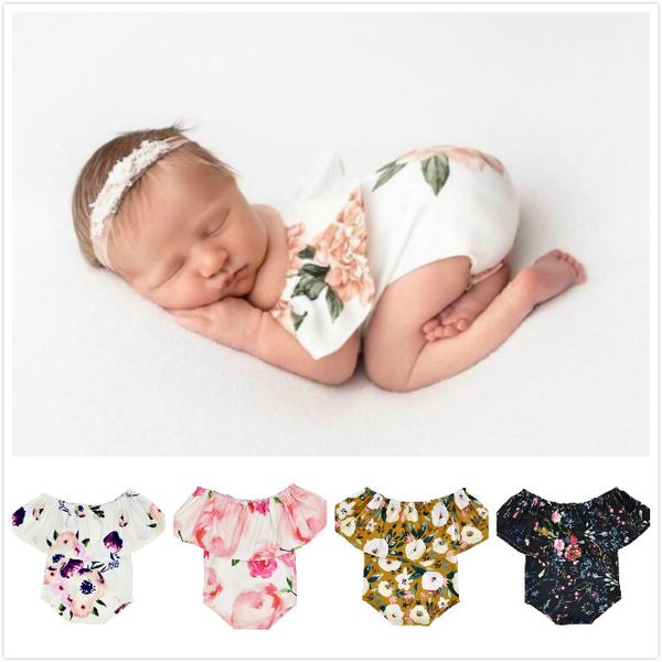 

baby girl pgraphy props infant cute newborn off shoulder printing romper bodysuit pictures clothing monthly p shoot outfits, Blue