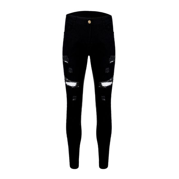 

oeak mens solid color skinny jeans 2019 new fashion slim fit pencil pants casual hole ripped design streetwear, Blue