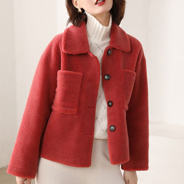 

litvriyh lady thick wool coat women turn-down collar long sleeve female jacket short style women coat winter overcoat out jacket, Black