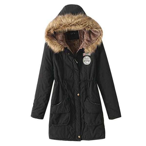 

nibesser 2018 women fashion parkas winter jackets coats faux fur hooded collar casual long parkas cotton wadded laidies overcoat, Black