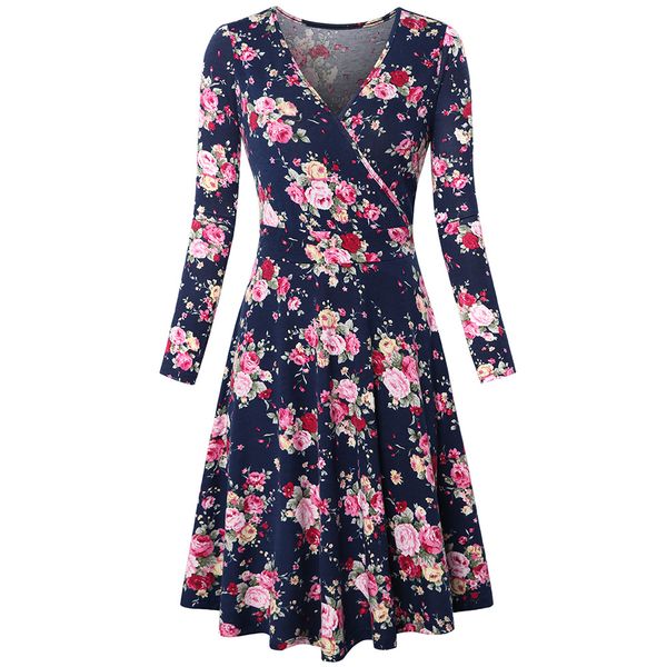 

soft mid length long sleeve beach holiday casual cotton blend women dress slim summer floral printed fashion breathable v neck, Black;gray