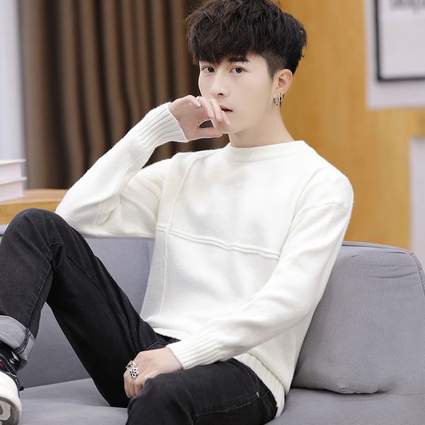 

2019 autumn and winter korean version of the trend loose bottom shirt sweater thickened men's sweate, White;black
