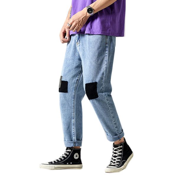 

black jeans mens hip hop jeans loose ankle length pants fashion patchwork men denim trousers young streetwear for men, Blue